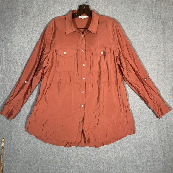 John mark Tunic Top Womens L Copper Long Sleeve Button Up Shirt Blouse Rayon - Picture 1 of 12